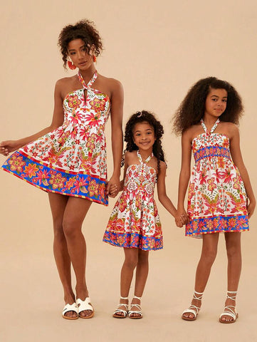 Young Girl Woven Ditsy Floral Ruched Fitted Casual Midi Dress