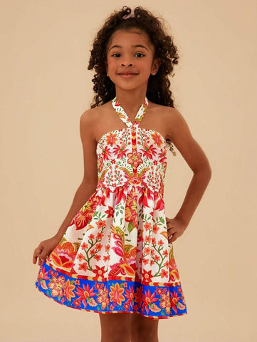Young Girl Woven Ditsy Floral Ruched Fitted Casual Midi Dress