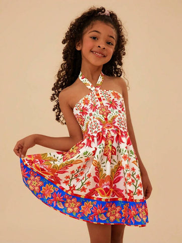 Young Girl Woven Ditsy Floral Ruched Fitted Casual Midi Dress