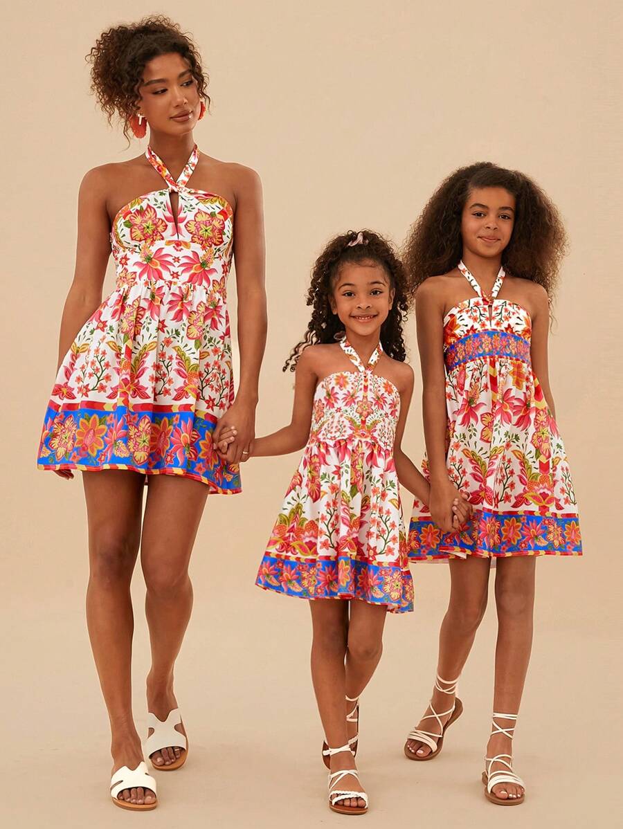 Young Girl Woven Ditsy Floral Ruched Fitted Casual Midi Dress