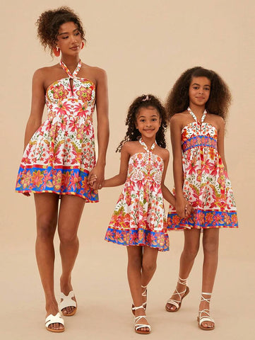 Young Girl Woven Ditsy Floral Ruched Fitted Casual Midi Dress