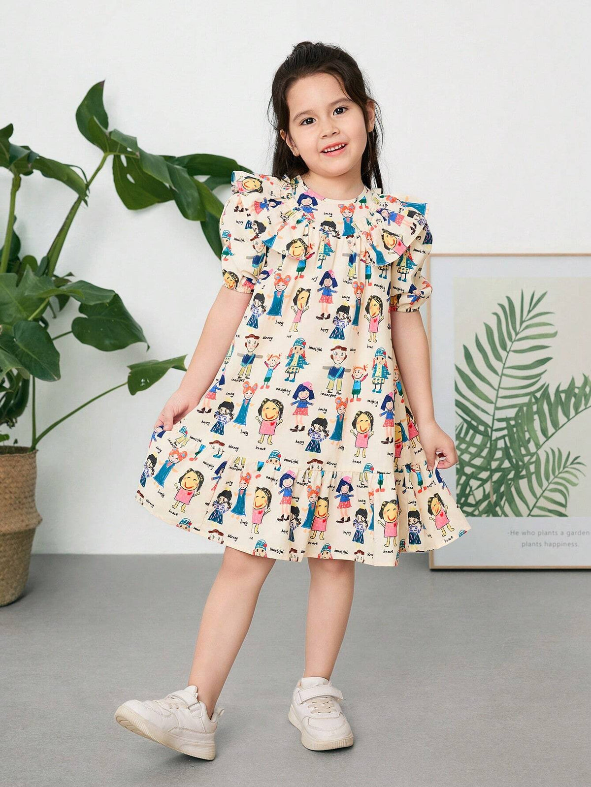 Young Girl Woven Ditsy Floral Ruffled Hem Loose Casual Dress With Round Neck And Puff Sleeves