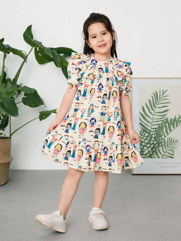 Young Girl Woven Ditsy Floral Ruffled Hem Loose Casual Dress With Round Neck And Puff Sleeves