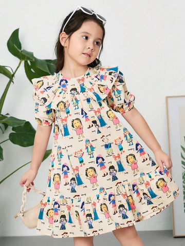 Young Girl Woven Ditsy Floral Ruffled Hem Loose Casual Dress With Round Neck And Puff Sleeves