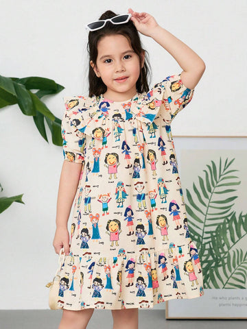 Young Girl Woven Ditsy Floral Ruffled Hem Loose Casual Dress With Round Neck And Puff Sleeves