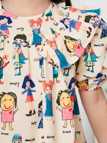 Young Girl Woven Ditsy Floral Ruffled Hem Loose Casual Dress With Round Neck And Puff Sleeves