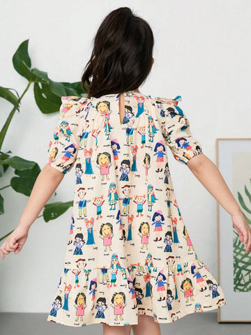 Young Girl Woven Ditsy Floral Ruffled Hem Loose Casual Dress With Round Neck And Puff Sleeves