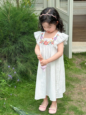 Young Girl Woven Ditsy Floral Square Collar Ruffled Hem Fitted Dress