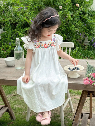 Young Girl Woven Ditsy Floral Square Collar Ruffled Hem Fitted Dress