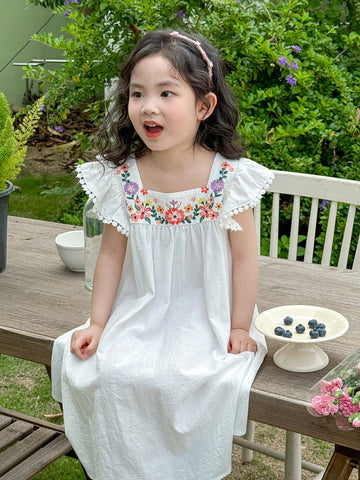 Young Girl Woven Ditsy Floral Square Collar Ruffled Hem Fitted Dress