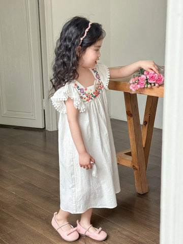 Young Girl Woven Ditsy Floral Square Collar Ruffled Hem Fitted Dress