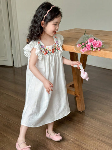 Young Girl Woven Ditsy Floral Square Collar Ruffled Hem Fitted Dress