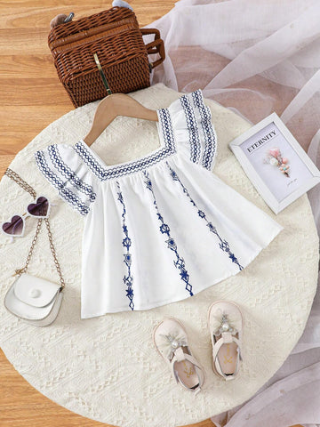Young Girl Woven Ditsy Floral Square Neck Ruffle Trim Loose Casual Shirt