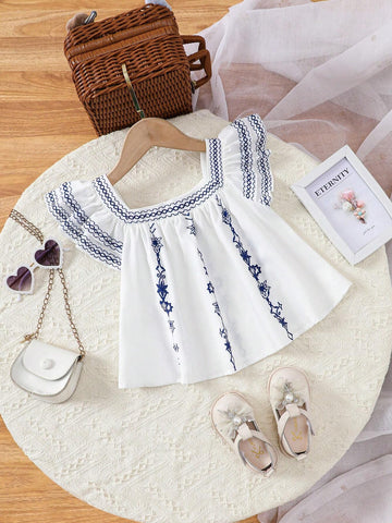 Young Girl Woven Ditsy Floral Square Neck Ruffle Trim Loose Casual Shirt