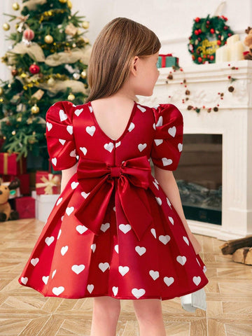 Young Girl Woven Dress With Heart Pattern And 3D Bowknot, Casual Preppy Style, Suitable For Autumn/Winter