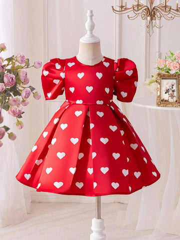 Young Girl Woven Dress With Heart Pattern And 3D Bowknot, Casual Preppy Style, Suitable For Autumn/Winter
