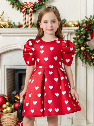 Young Girl Woven Dress With Heart Pattern And 3D Bowknot, Casual Preppy Style, Suitable For Autumn/Winter