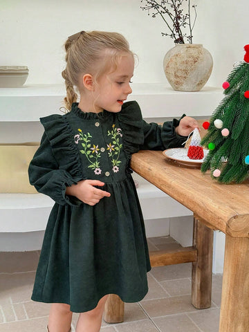 Young Girl Woven Embroidered Ruffle Hem Fitted Casual Dress