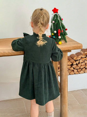 Young Girl Woven Embroidered Ruffle Hem Fitted Casual Dress