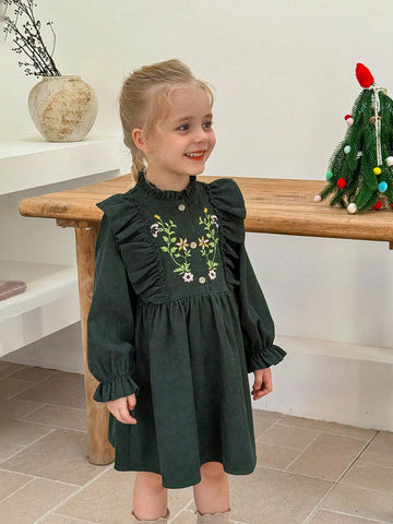 Young Girl Woven Embroidered Ruffle Hem Fitted Casual Dress