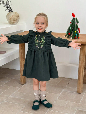 Young Girl Woven Embroidered Ruffle Hem Fitted Casual Dress