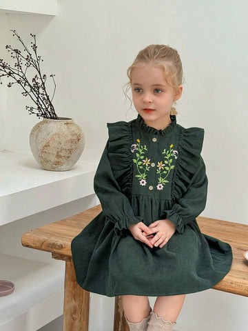 Young Girl Woven Embroidered Ruffle Hem Fitted Casual Dress