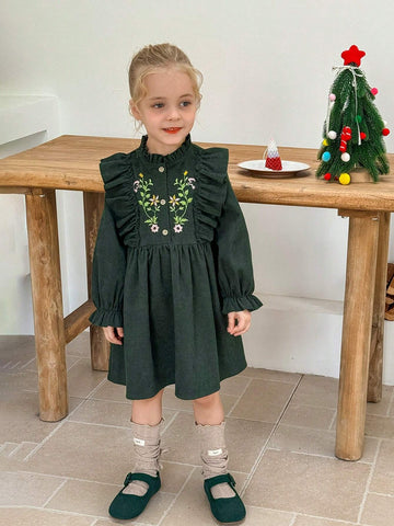 Young Girl Woven Embroidered Ruffle Hem Fitted Casual Dress
