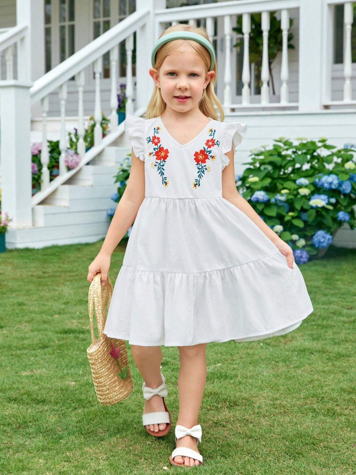 Young Girl Woven Floral Embroidery V-Neck Ruffle Hem Loose Casual Dress