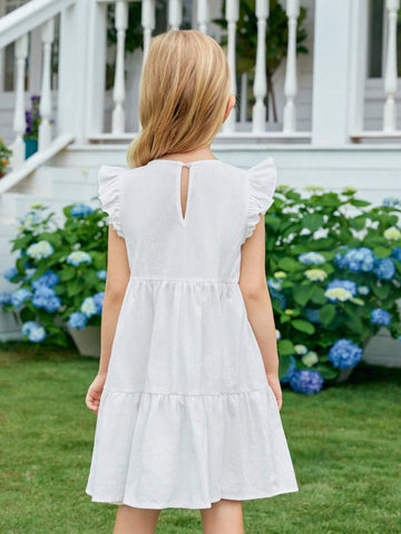 Young Girl Woven Floral Embroidery V-Neck Ruffle Hem Loose Casual Dress