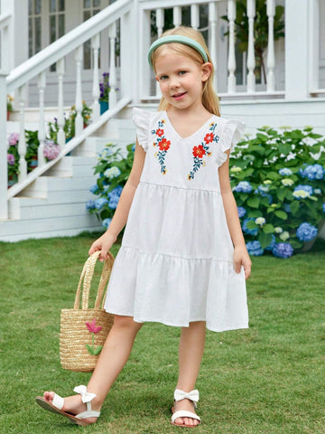 Young Girl Woven Floral Embroidery V-Neck Ruffle Hem Loose Casual Dress