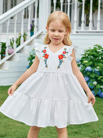 Young Girl Woven Floral Embroidery V-Neck Ruffle Hem Loose Casual Dress