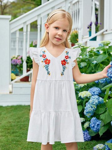 Young Girl Woven Floral Embroidery V-Neck Ruffle Hem Loose Casual Dress