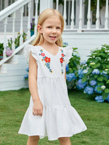 Young Girl Woven Floral Embroidery V-Neck Ruffle Hem Loose Casual Dress