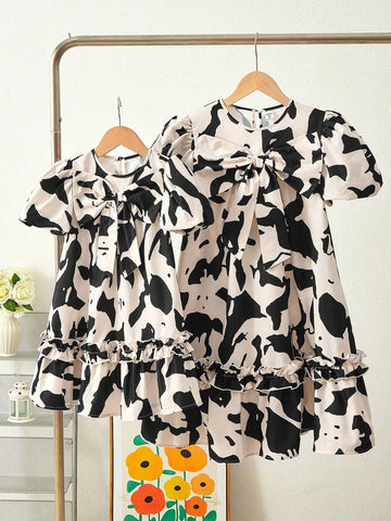Young Girl Woven Floral Large Bow Square Neck Puff Sleeve Fitted Casual Dress