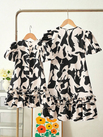 Young Girl Woven Floral Large Bow Square Neck Puff Sleeve Fitted Casual Dress