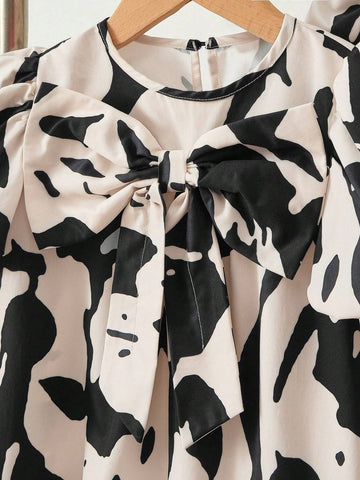 Young Girl Woven Floral Large Bow Square Neck Puff Sleeve Fitted Casual Dress