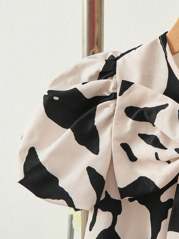 Young Girl Woven Floral Large Bow Square Neck Puff Sleeve Fitted Casual Dress