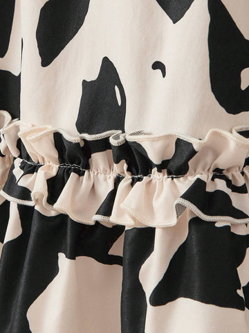 Young Girl Woven Floral Large Bow Square Neck Puff Sleeve Fitted Casual Dress