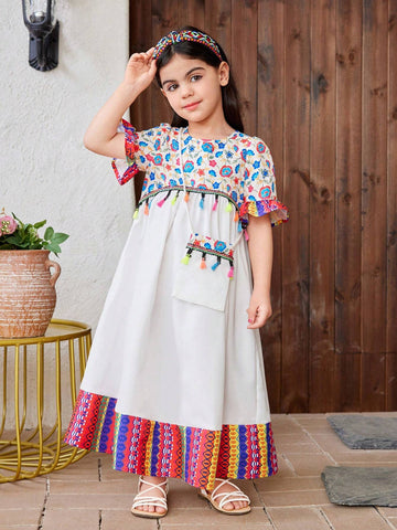 Young Girl Woven Floral Loose Fit Round Neck Casual Dress With Shoulder Bag