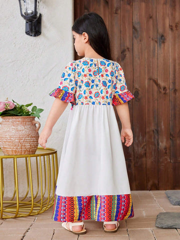 Young Girl Woven Floral Loose Fit Round Neck Casual Dress With Shoulder Bag