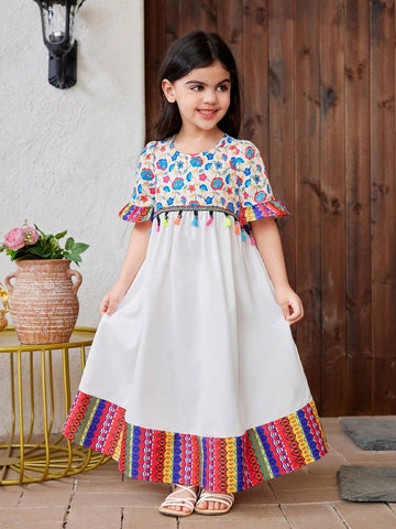 Young Girl Woven Floral Loose Fit Round Neck Casual Dress With Shoulder Bag