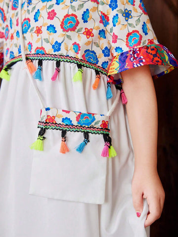 Young Girl Woven Floral Loose Fit Round Neck Casual Dress With Shoulder Bag