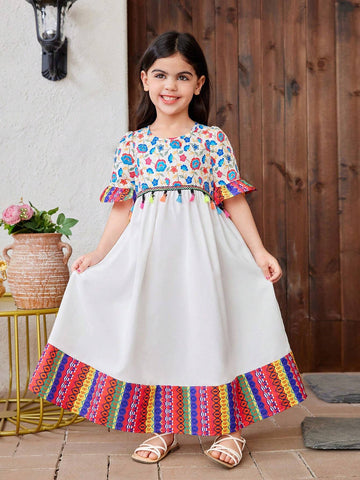 Young Girl Woven Floral Loose Fit Round Neck Casual Dress With Shoulder Bag