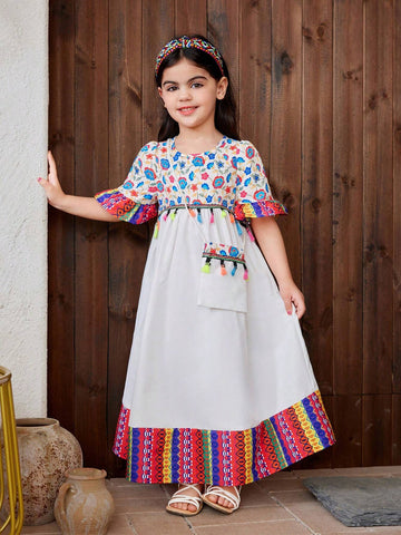 Young Girl Woven Floral Loose Fit Round Neck Casual Dress With Shoulder Bag