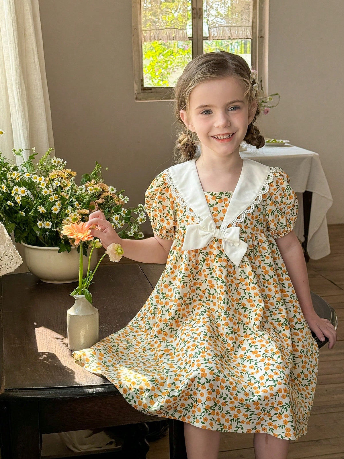 Young Girl Woven Floral Patchwork Layered Bow Short Puff Sleeve Dress