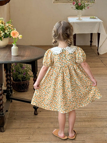Young Girl Woven Floral Patchwork Layered Bow Short Puff Sleeve Dress