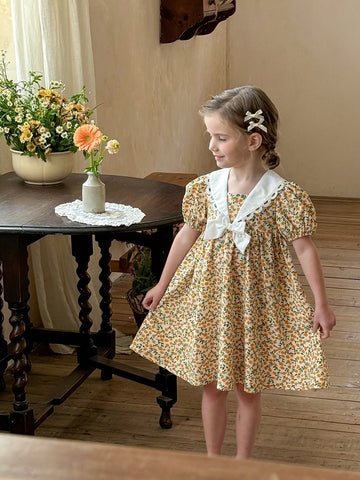 Young Girl Woven Floral Patchwork Layered Bow Short Puff Sleeve Dress