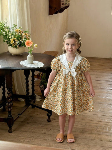 Young Girl Woven Floral Patchwork Layered Bow Short Puff Sleeve Dress