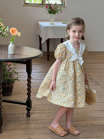 Young Girl Woven Floral Patchwork Layered Bow Short Puff Sleeve Dress