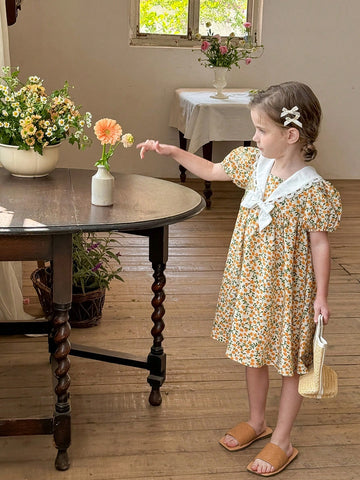 Young Girl Woven Floral Patchwork Layered Bow Short Puff Sleeve Dress